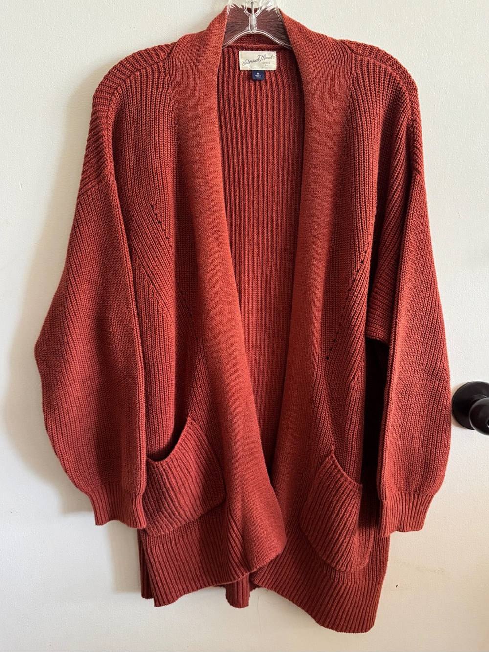 Universal Thread Rust 100% Cotton Open-Front Ribbed Pocket Cardigan M Boho Fall